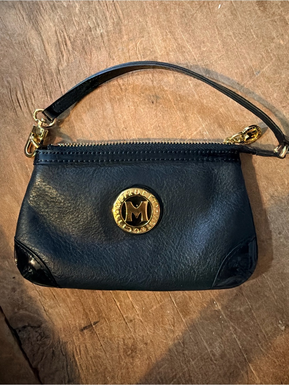 Metro City Black Leather Wristlet with Gold Logo Accent